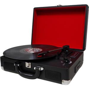 Portable Suitcase Record Player with Built-in Battery, 3-Speed Bluetooth Turntable with Speakers, Vintage Red & Black Design