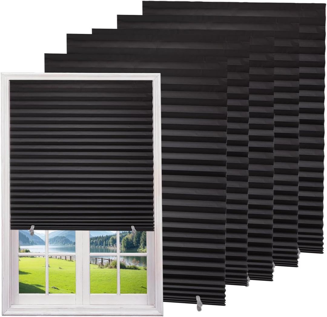 Changshade 6-Pack Temporary Blackout Paper Blinds for Window, Cut to Size Adhesive Paper Shades, Stick on Pleated Blinds,No Drill Easy Install,48" W x 72" H,Black