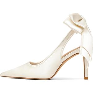 Mattiventon Slingback Heels for Women Pointed Closed Toe Stiletto Heels with Bow Tie Wedding Shoes for Bride Satin Prom Party Dress Pumps, 9, Ivory