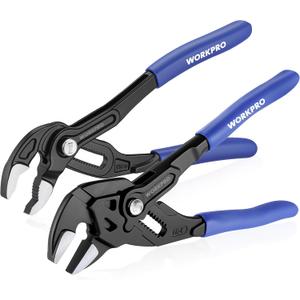 WORKPRO 2-Piece 7-Inch Pliers Wrench & Groove Joint Pliers Set, Quick Adjustment, CR-V Steel, Smooth Jaw & V-Jaw, Upgraded Wide Opening, Soft Grip - for Plumbing, Pipe Fittings, Household Repairs