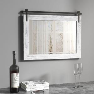 COGOOD Farmhouse Barn Door Mirror - 25 x 18 Rustic Wood Framed Decrative Mirror for Bathroom, Living Room, Entryway Wall Decor (White)