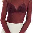 KICZOY Women See Through Tee Tops Long Sleeve T Shirt Sexy Mesh Sheer Mock Neck Layering Lace Tshirt (XS)