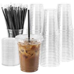 WUHUIXOZ [200 Sets - 12oz Plastic Cups with Lids and Straws, Disposable Cups for Iced Coffee, Smoothie, Milkshake, Cold Drinks - Clear