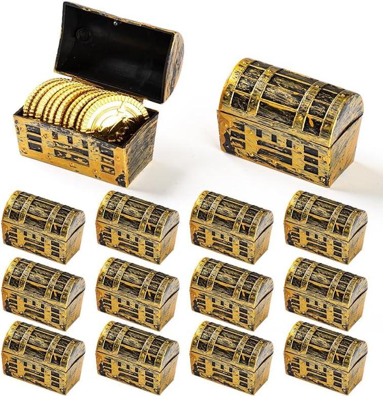 36Pcs Mini pirate treasure chest 2.28 x 1 x 1.57 Inch Plastic toy pirate chest with a Gold finish Vintage pirate small decorative box for Kids prizes Halloween Birthday Party Props