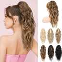 LONAI Ponytail Extension, 18" Wavy Claw Clip Ponytail Extensions ZJ001 Shoulder Length Curly Wavy Claw Clip in Ponytail Hair Extensions Synthetic Fake Pony tails Hairpieces-Ash Brown