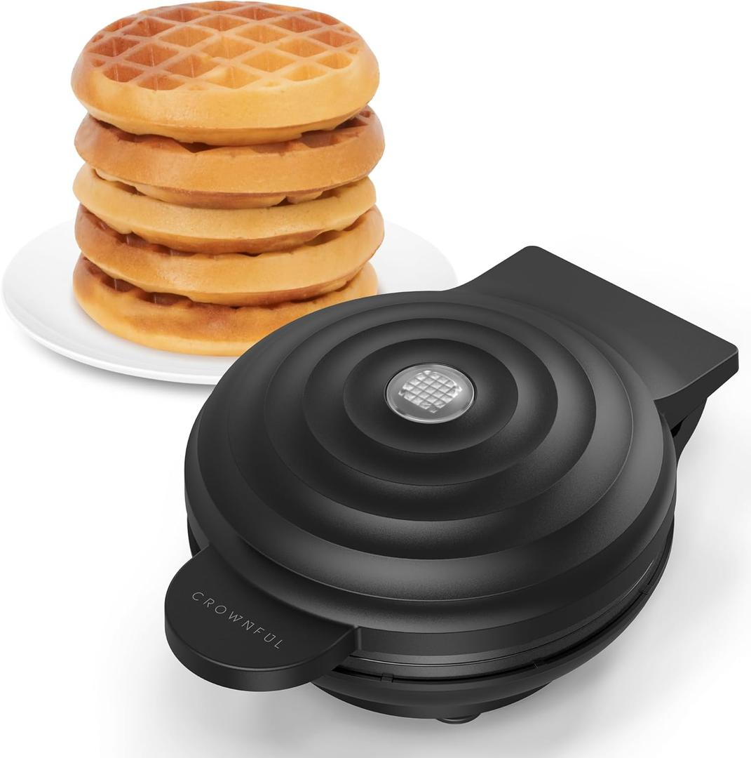 CROWNFUL Mini Waffle Maker, 4" Chaffle Maker with Compact Design, Easy to Clean, Non-Stick Surface, Recipe Guide Included, Perfect for Breakfast, Dessert, Sandwich, or Other Snacks (Bright Black)