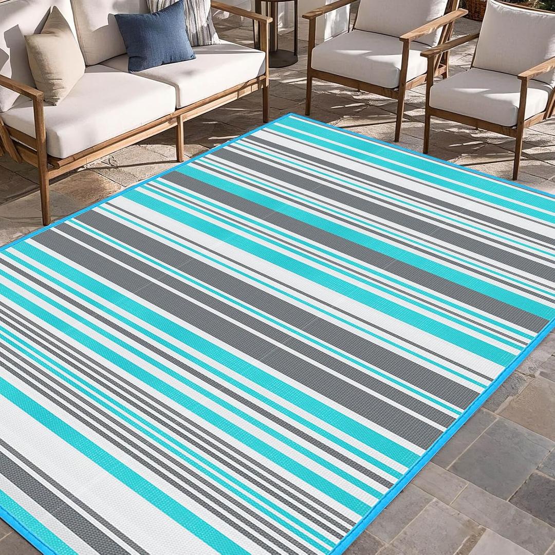 Outdoor Patio Plastic Rug Waterproof - Outdoor Rugs for Camper Outside, Rv, Porch Deck Rug Clearance, Area Carpet for Outside, Balcony, Patio Decor, Blue & Grey, 4x6 ft