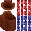 Hillban 48 Pack Cowboy Hat and Bandana Set, Cowgirl Hats for Boys Girls Felt Cowboy Party Hat Western Bandanas for Party (Brown, Red, Navy Blue)