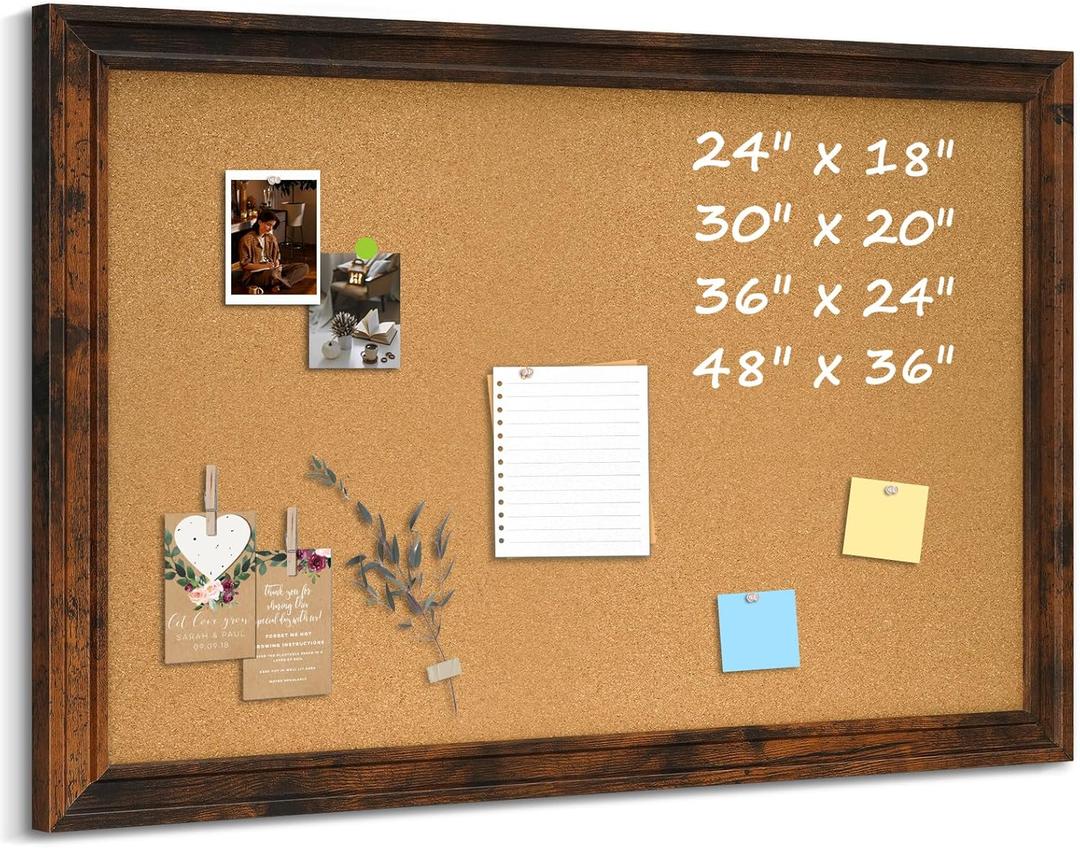 Cork Bulletin Board, 24"x18" Corkboard for Wall with Vintage Brown Wooden Frame, Hanging Pin Board for Home Office Decor, 10 Push Pins