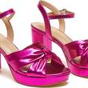 Women's Chunky Platform Heels with Adjustable Ankle Strap - Open Toe Bowknot Block Heel Strappy Sandals, Wedding Party Dressy Shoes Summer Sandals (6, Rose Red Pu)