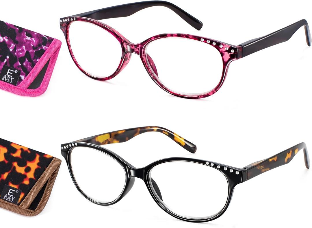 EASY READ 2 Pairs High Magnification Power Reading Glasses for Women,Stylish Lightweight Readers for Women with Spring Hinge (Black/Purple)