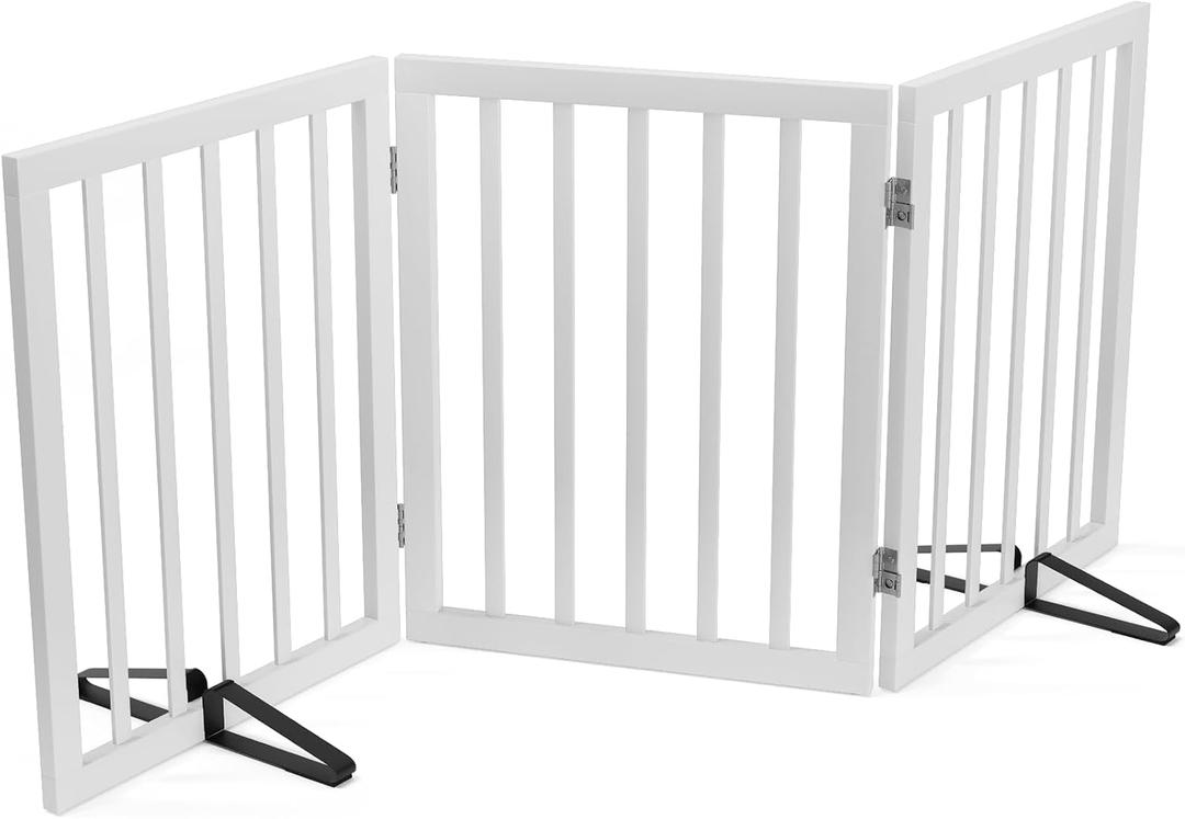 Dog Gates for The House Freestanding Foldable Pet Gates for Doorways 3 Panels 24'' Tall with 2PCS Support Feet Wooden White Dog Gate for Stairs (3 Panel - 55 inches Wide)