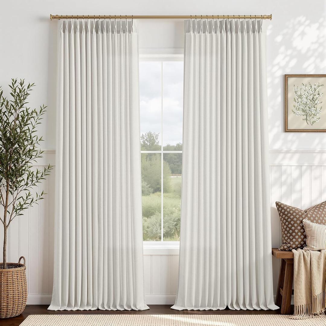 Pinch Pleated Linen Curtains 40x92 Inches, Ivory Sheer Long Curtains for Windows - Boho Farmhouse Style with Room Darkening, Living Room and Bedroom Drapes