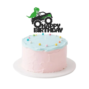 Dino Monster Truck Birthday Cake Topper - Black & Green Glitter Party Decor - Fun Dinosaur-Themed Celebration Topper for Kids - Sparkling Cake Decoration for Boys & Girls