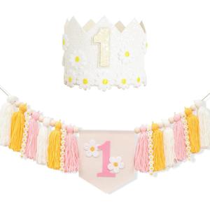 First Birthday High Chair Banner Decorations for Girl,Daisy First Crown Hat,Baby Girl 1st Birthday Decorations Tassel Garland High Chair Banner for Pink One Year Old Party Baby Shower