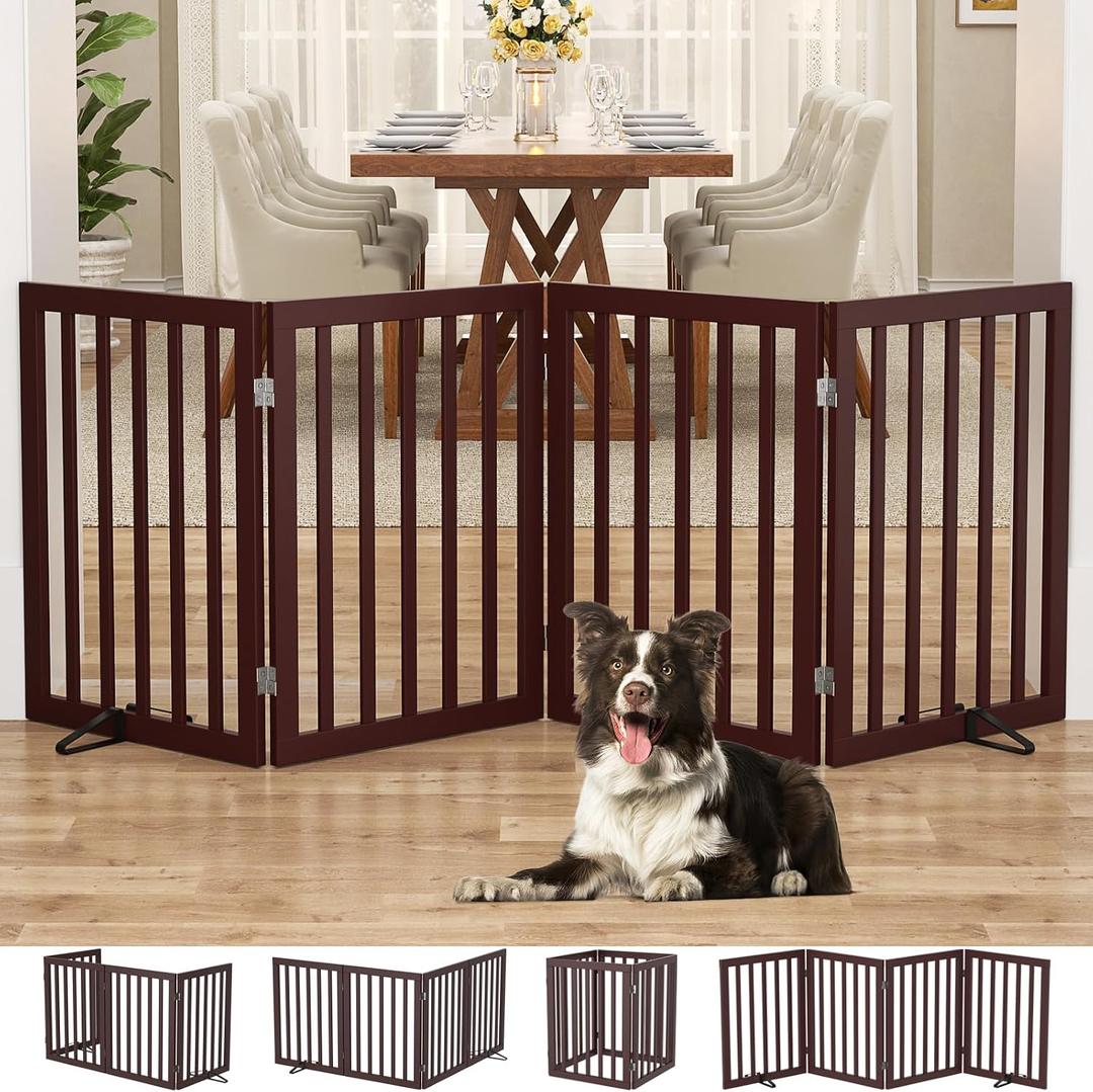 Homykic Bamboo Freestanding Dog Gate, No Assembly Pet Gate Indoor, 24H x 75W Extra Wide Foldable Puppy Fence with Support Feet for the House, Doorways Stairs, 4 Panels, No Drilling, Espresso