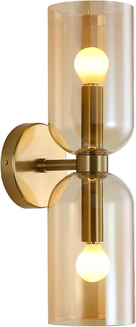 EFINEHOME Minimalist 2-Light Gold Wall Sconces with Cylinder Glass Shades- Mid Century Vanity Wall Double Lights Hardwired- Modern Indoor Glass Wall Mounted Art Decor Lights (Amber, 1 Pack)