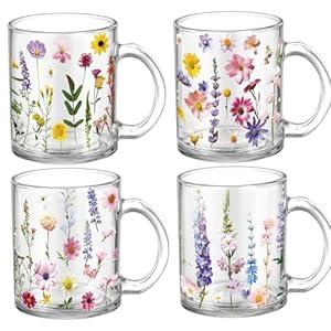 Tioncy 4 Pcs Spring Flower Coffee Mugs 12 oz Floral Glass Cups with Handle Spring Wildflower Coffee Cup Floral Mug Gifts Drinking Containers for Holiday Party