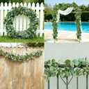 4 Packs 5.74 Ft Artificial Eucalyptus Garland Leaves with Flowers Artificial Fake Greenery Hanging Vines for Wedding Table Home Stairs Decor Decorations Garland for Mantle