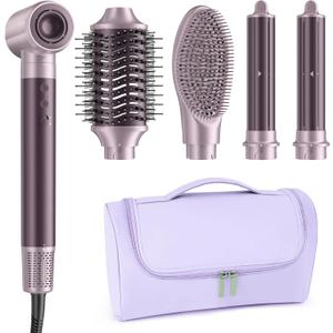 MESCOMB Dual Voltage Hair Dryer Brush for Travel, 5 in 1 Air Styler with High-Speed Blow Dryer, Anti-Frizz, Compact, 100V-240V for Worldwide Use, Includes Travel Bag (Purple)