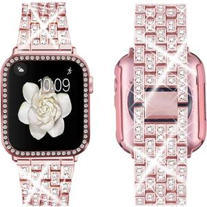 Supoix Compatible with Apple Watch Band 38mm 40mm 41mm 42mm 44mm 45mm 46mm 49mm+ Case, Women Jewelry Bling Diamond Rhinestone Replacement Metal Bands & 2 Pack PC Protector Case for iWatch Ultra 2/ Ultra Series 10/9/8/7/6/5/4/3/2/1/SE (Pink)