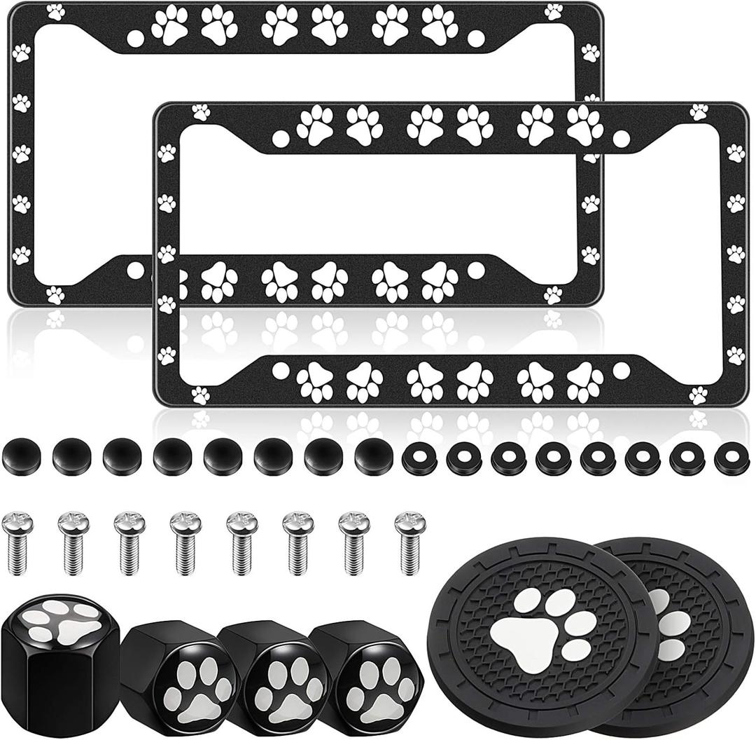 2 Pieces Dog Paw Print License Plate Frames Cat Frames License Plate Cover Aluminum Alloy Covers with 4 Valve Stem Caps and 2 Paw Mat