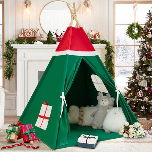 WIRHAO Christmas Tent for Kids with Padded Mat Cotton Canvas Teepee Tent Indoor for Toddlers Kids Play Tent for Girls Boys with Stars Lights, Carry Bag, Banner Flag (Merry Christmas)