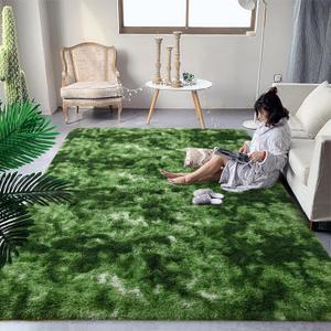 DweIke Fluffy Dark Green Rugs for Bedroom Living Room, 3x5 Feet Soft Plush Shaggy Tie-Dyed Forest Moss Green Girls Boys Kids Rug, Non-Slip and Machine Washable Carpet for Dorm Nursery Decor