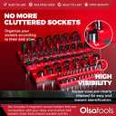 Olsa Tools Magnetic Socket Organizer - 3-Piece Drive SAE Socket Holder Set with Strong Magnets - Professional Tool Holder and Organizer - Stores up to 68 Sockets - Red - Part: 1150