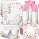 350 Pcs Paper Plates and Napkins Set Disposable Dinnerware Party Supplies Tableware Serve 50 Guest Cups Knife Forks Spoon(Pink,Wildflower)