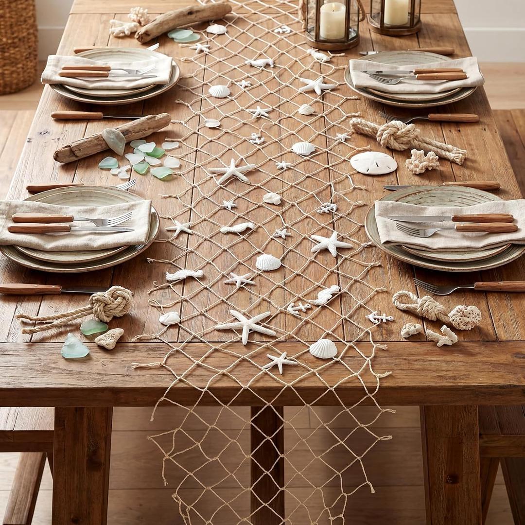 LemonRoad 13 x 72 Inch Nautical Fish Net Table Runner Fish Net Decoration with 34 Pcs Starfish Seahorse and Seashells for DIY Assembly for Ocean Nautical Beach Themed Party Decor(White)
