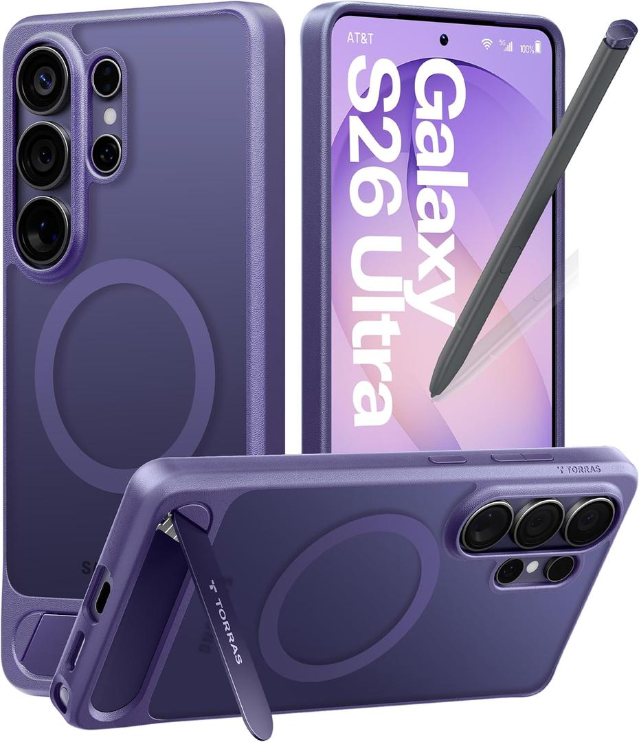 TORRAS Strong Magnetic & Seamless Stand for Samsung Galaxy S26 Ultra Case, Fit for MagSafe, MilGrade Drop Protection, Kickstand for Samsung Galaxy S26 Ultra Case, Translucent Back/Purple Edge