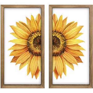 pechpell Set of 2 Sunflower Wall Decor Wood Framed, Wooden Summer Wall Art, Yellow Sunflower Pictures Kitchen Bedroom Bathroom Living Room Office Decorations for Home