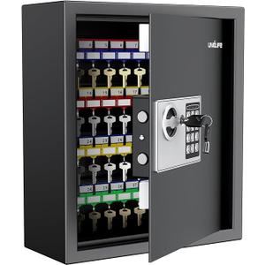 Uniclife 70 Position Key Cabinet with Combination & Key Lock Wall Mounted Key Organizer Resettable Black Digital Security Key Safe with Keypad Lock Adjustable Racks Colorful Key Tags & Permanent Pen