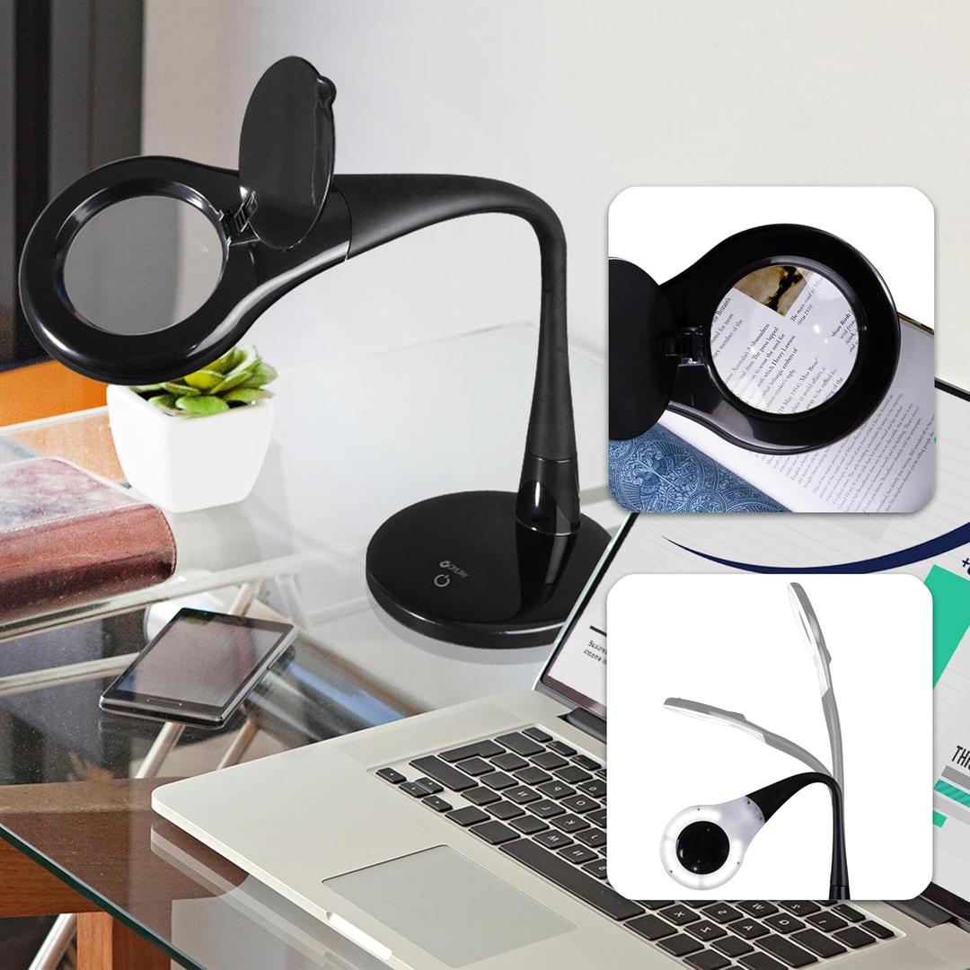 OttLite LED Desk Lamp with Adjustable Magnifier, Prevention Series - Designed to Reduce Eyestrain - Adjustable Flexible Neck, 4 Brightness Settings & Touch Controls - Crafting, Reading & Studying (Black)
