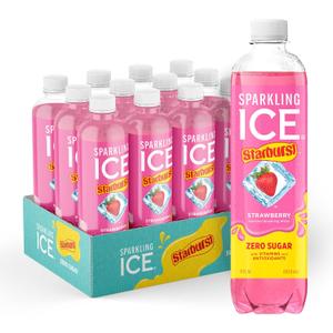 Sparkling Ice STARBURST Strawberry, Zero Sugar Flavored Sparkling Water, with Vitamins and Antioxidants, Low Calorie Beverage, 17 fl oz Bottles (Pack of 12) (EXP 08/31/26)