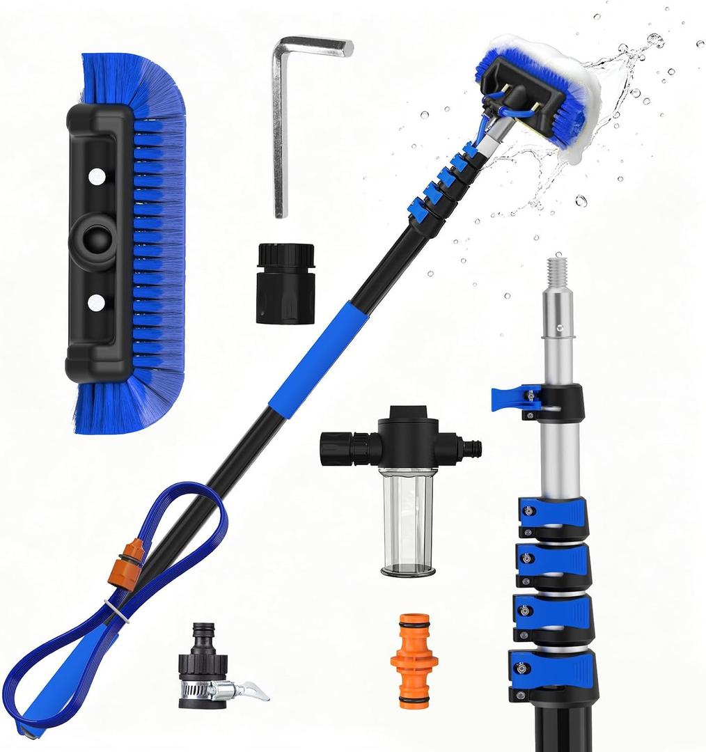 AgiiMan 26FT Reach Solar Panel Cleaning Brush with Water Fed Pole, Telescoping Long Handle & Soap Dispenser, 5-Sided Soft Bristle Cleaning Brush for Solar Panel, Window, Car & RV