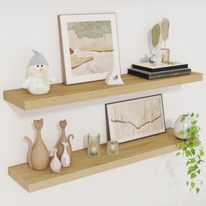 Fun Memories 30" Rustic Wood Deep Floating Shelves for Wall, Invisible Brackets for Decor & Storage, Living Room, Bathroom (Oak, Set of 2) (30"W x 6.5"D, Set of 2)
