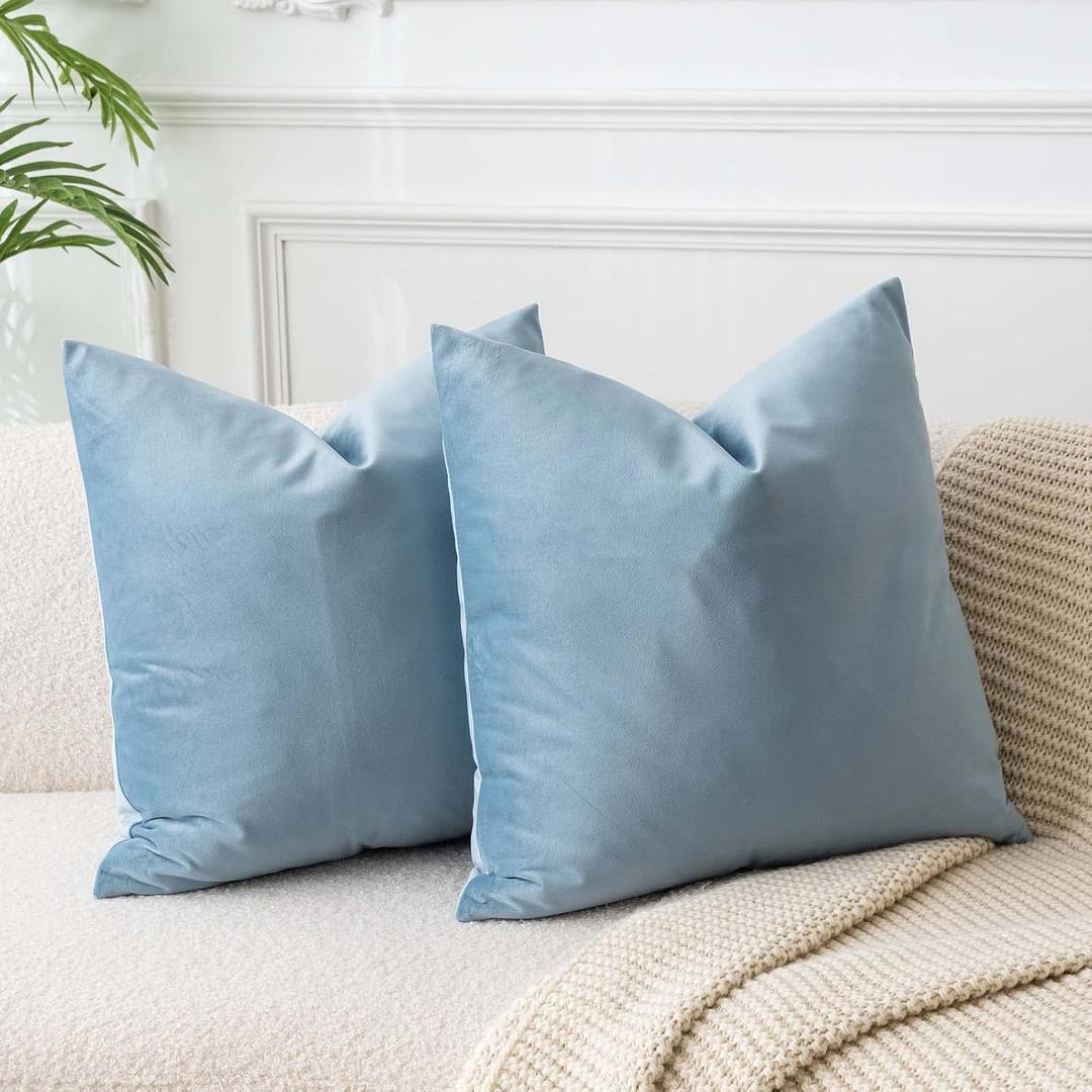 JUSPURBET Euro Light Blue Velvet Throw Pillow Covers 26x26 Set of 2,Decorative Solid Soft Cushion Cases for Couch Sofa Bed