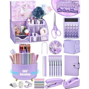 LXEVIHK 21Pcs Purple Desk Organizers and Accessories With Mesh Desk Organizer and 360Rotating Pen Holder and a Lot of Office Purple Office Supplies Beautifully Presented in a Gift Box