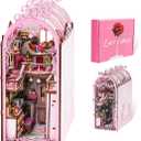 Book Nook Kit DIY Miniature House Crafts Dollhouse Wooden Booknook Building Kit Tiny Pink House Building Sets 3D Book Nook Puzzle for Adults Decorative Shelf Insert