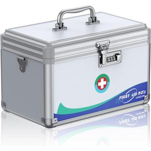 Uniclife Medicine Lock Box First Aid Box with Combination Lock, Handle & Shoulder Strap, Portable Medication Lock Box, 12" x 7" x 7.5" Silver Aluminum Alloy Storage Box