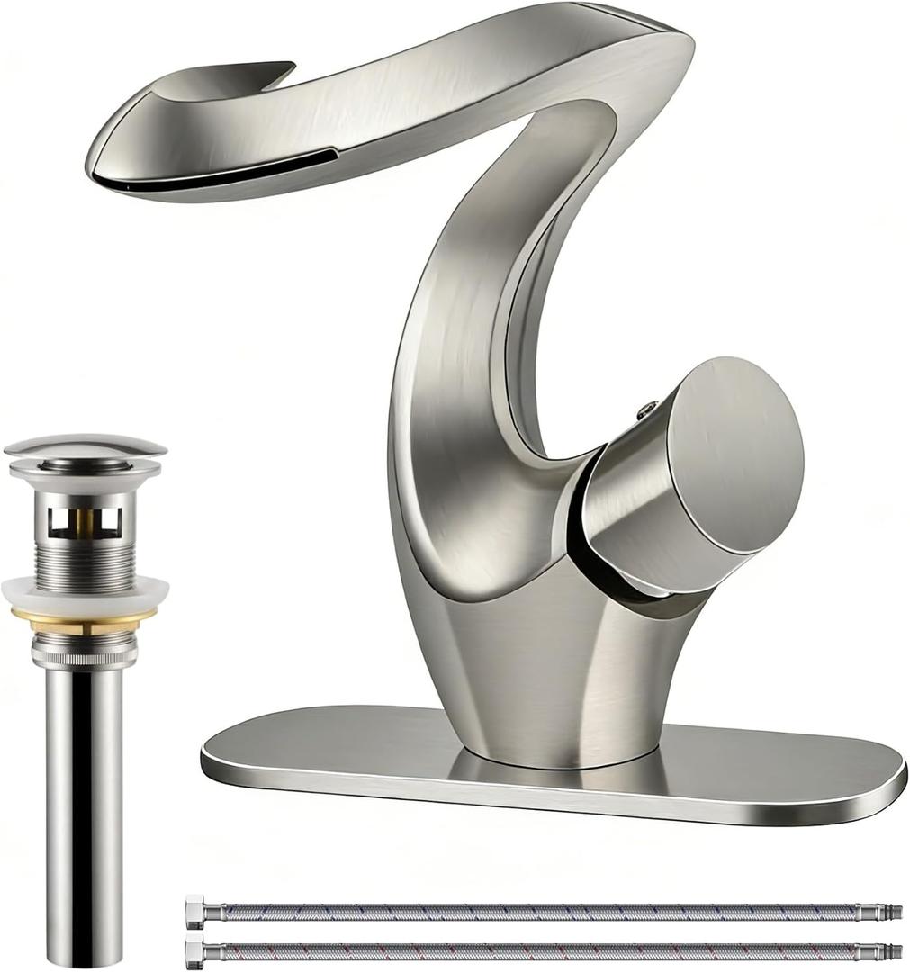 Elegant Alien Brushed Nickel Bathroom Sink Faucet Single Hole,AUU Waterfall Vanity Sink Faucet Solid Brass,Single Handle Basin Tap with Pop Up Drian&Deck Plate