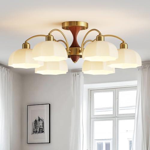Milk Glass Chandelier Farmhouse Rustic Semi Flush Mount Ceiling Lamp Frosted White Globe Pendant Light Mid Century Modern Wood Grain Chandelier Sputnik Ceiling Light (6- Light)