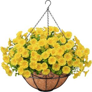 Ouddy Decor Artificial Hanging Plants Flowers Basket for Spring Summer Outdoor Decor, Fake Hanging Flowers Faux Silk Morning Glory UV Resistant for Patio Yard Porch Garden Home Decorations, Yellow