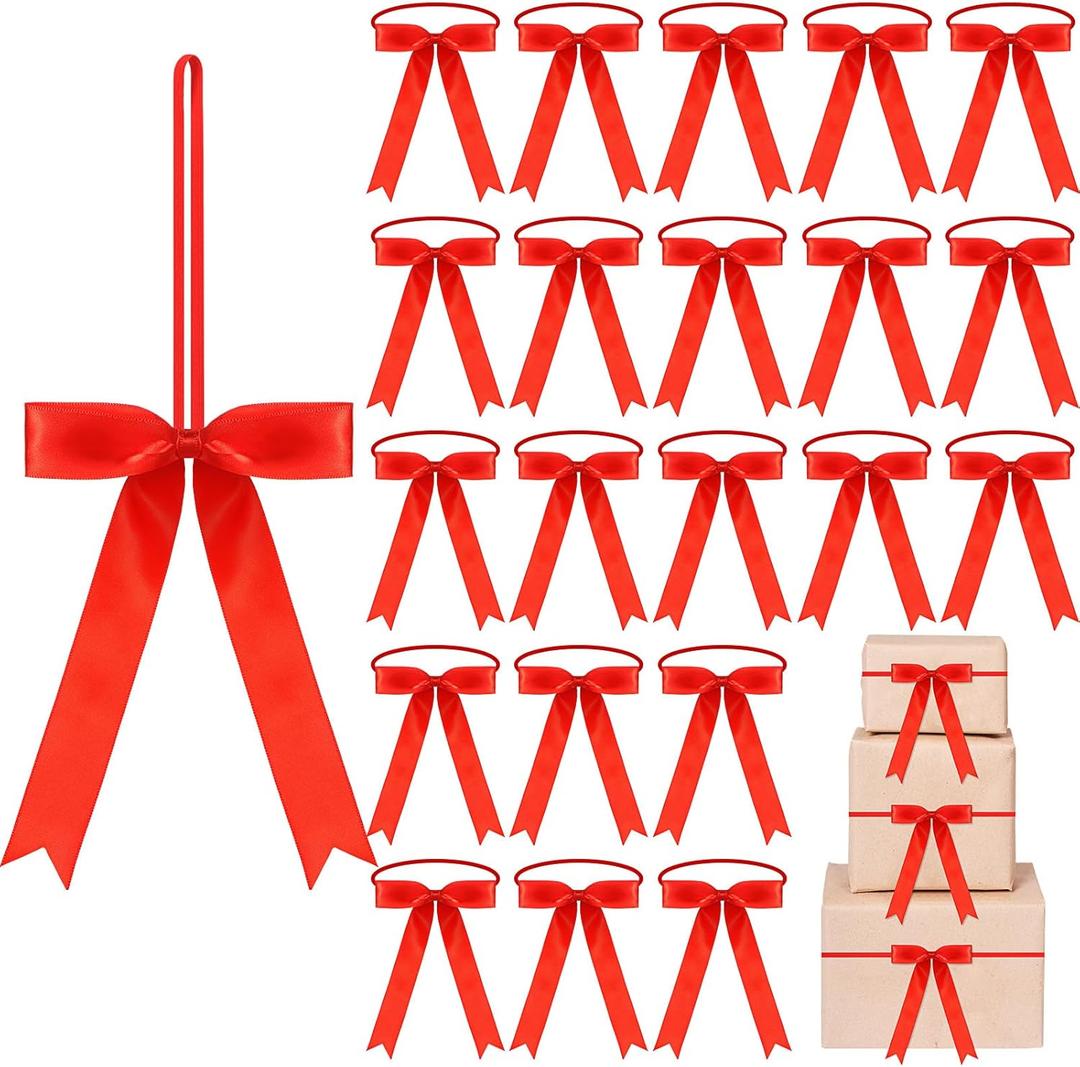 Riceshoot 24 Pcs 5 Inch Stretch Elastic Loops with Pre Tied Red Ribbon Bows Valentine Stretch Elastic Gift Bows for Gift Wrapping Valentine Boxes Baby Showers Wedding Graduation