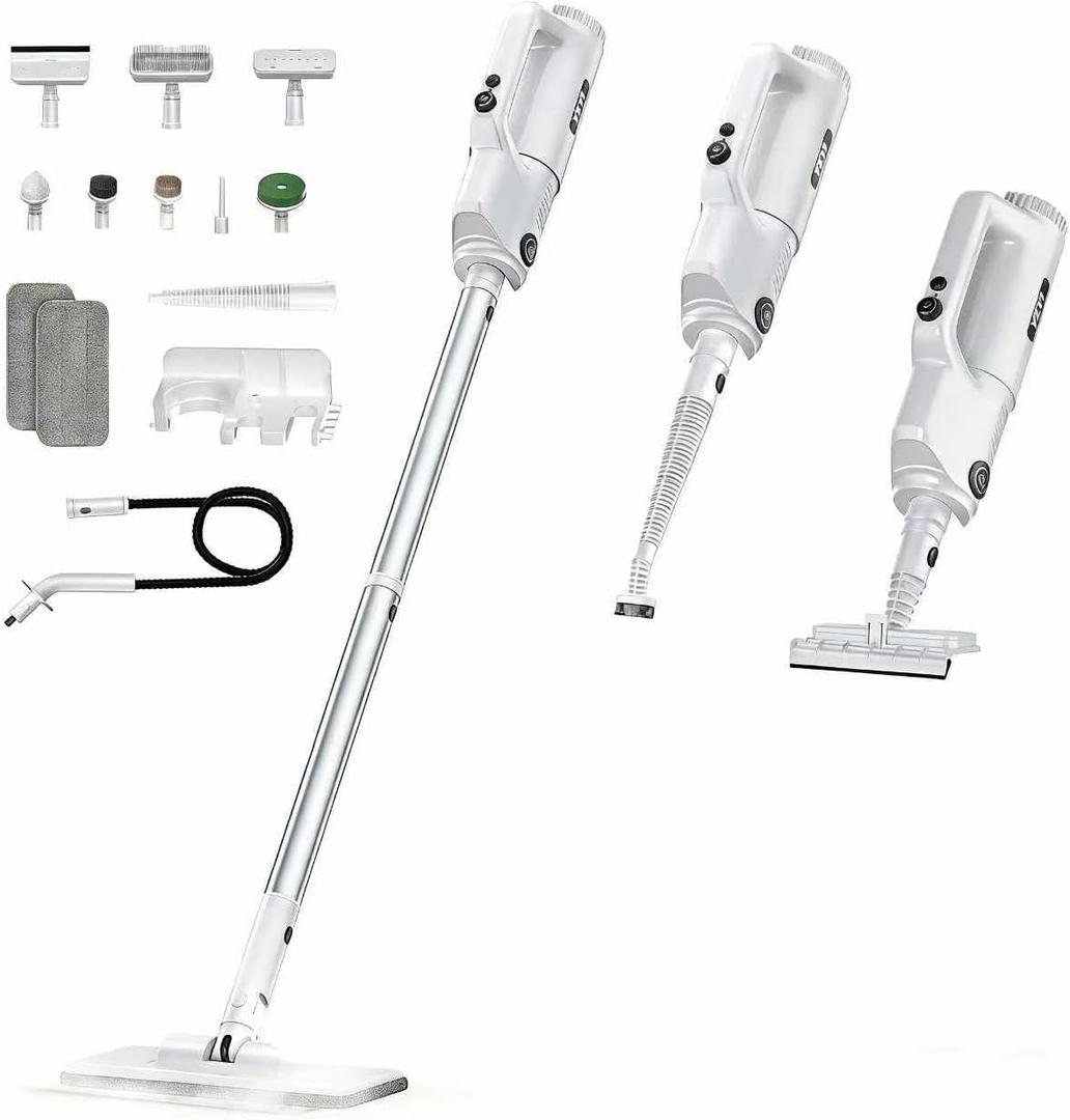 YKYI Steam Mop, Detachable 10 in 1 Multipurpose Steamer with 11 Attachments, Handheld Steam Cleaner for Home, Hardwood Floors, Laminate, Marble, Tile, Grout, Carpet, Windows Cleaning (Light White)