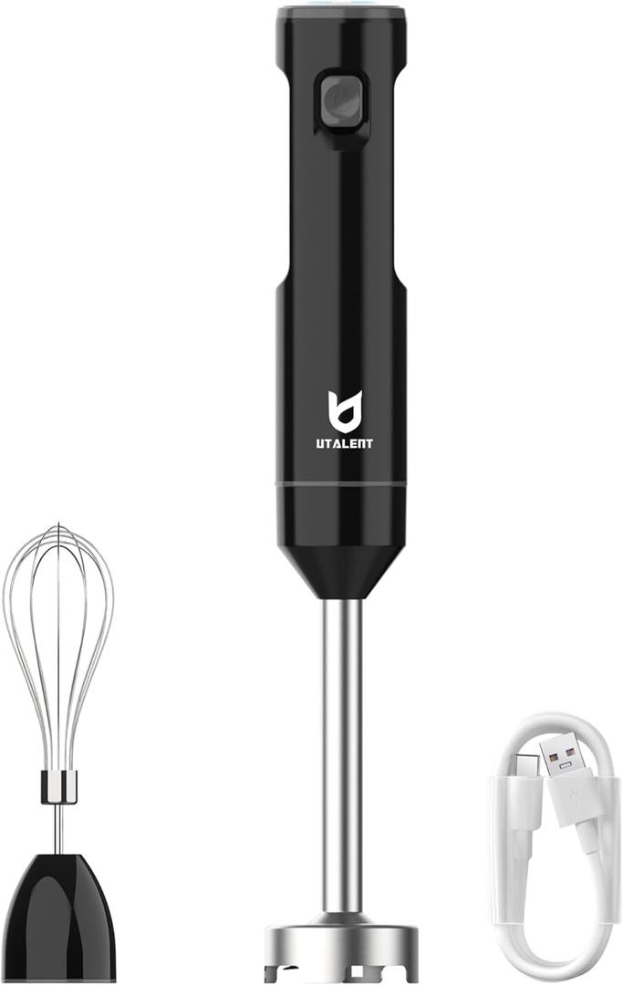 Cordless Hand Blender, UTALENT Variable Speed Immersion Blender handheld Rechargeable, with USB-C Charging Cable, Egg Whisk, for Smoothies, Milkshakes, Hummus and Soups  Black