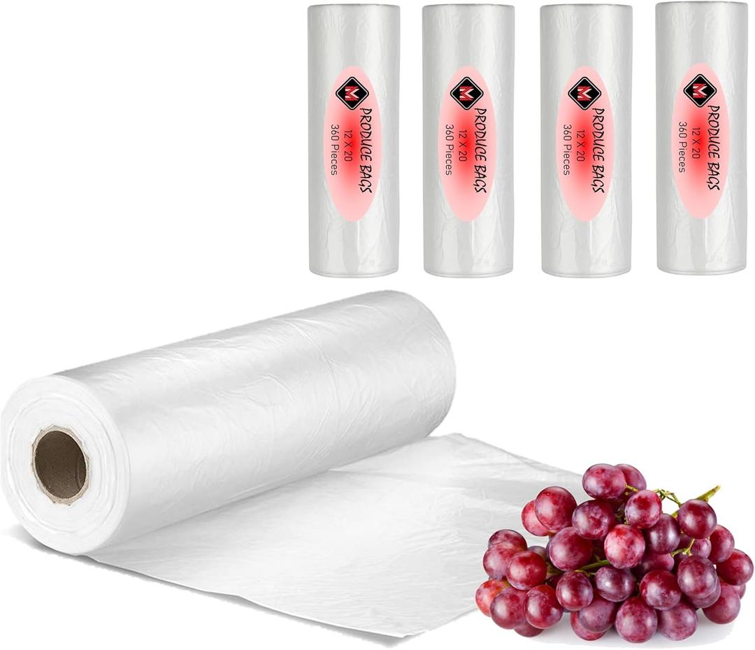 Mr Miracle Plastic Produce Bags for Food Storage - 12"x20" Clear Grocery Bag for Fruits, Vegetables, Bread - Easy Peel-Off Design, Continuous Roll, 1.75" Core, Pack of 1440 Bags [4 rolls]