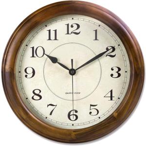 Kesin Wall Clock Wood 14 Inch Silent Wall Clocks Large Decorative Battery Operated Non Ticking Analog Retro Clock for Living Room, Kitchen, Bedroom (Brown)